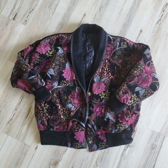 VTG Velvet Velour Rayon Quilted Liner Art To Wear Leather Trim Bomber Jacket OS - Picture 1 of 11